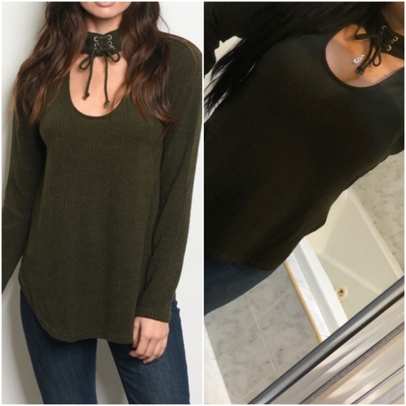 OLIVE RIBBED KNIT CHOKER TOP - Picture 2 of 5